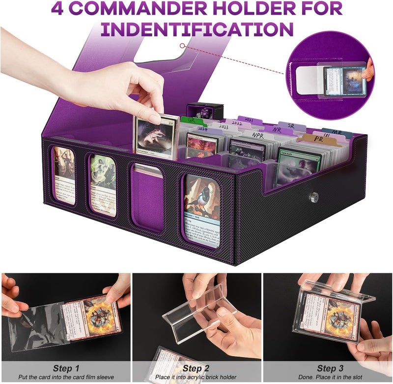 Gomyrod Trading Card Storage Box - 3200+ MTG Deck Box with Commander Display & Portable Handle, 4-Row Card Case Compatible for MTG/TCG/Magic Cards, 30 Colorful Divider, 8 Card Supporters (Black & Purple) - Image 3